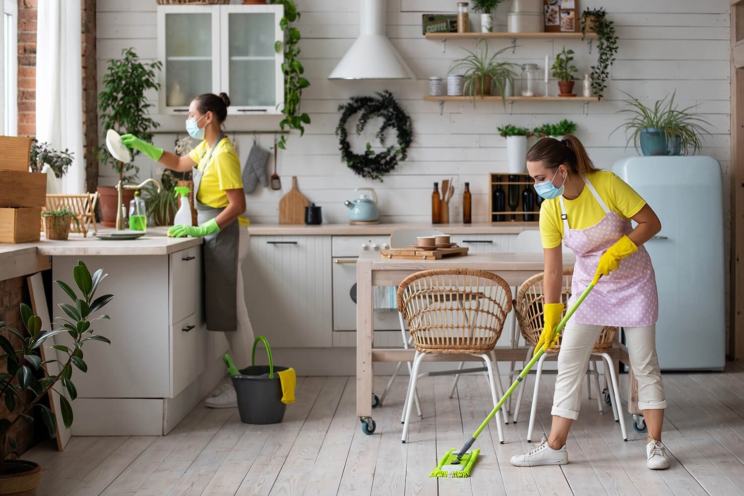 Two cleaners cleaning a kitchen and dining area